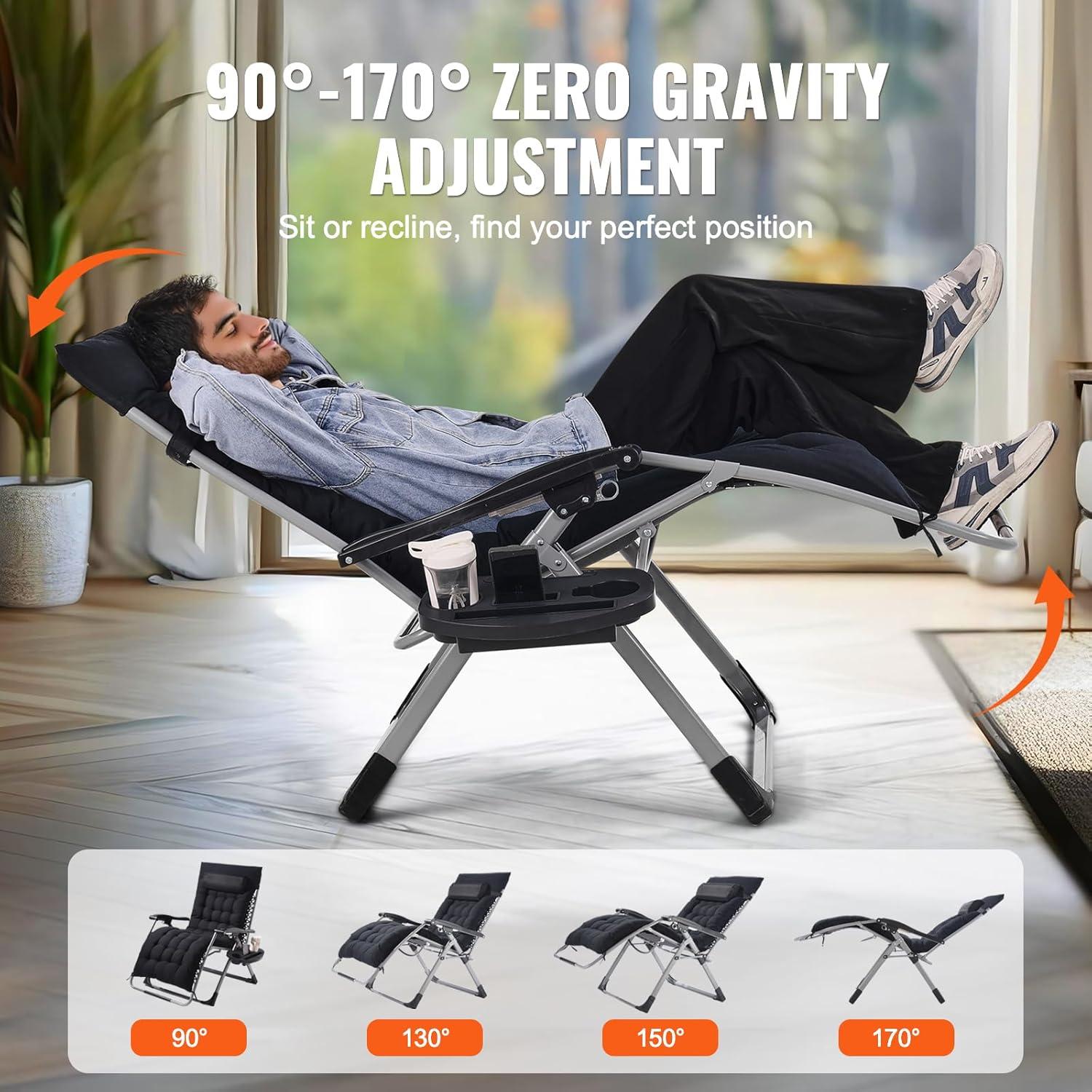 imageVEVOR Zero Gravity Chair 26 inch Zero Gravity Recliner Lounge Chair for Indoor and Outdoor Adjustable Anti Gravity Chair with Cushion Headrest Footrest and Cupholder 500 lbs BlackBlack