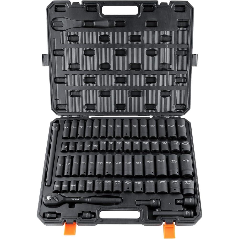imageVEVOR 12quot Drive Impact Socket Set 65 Piece SAE 38quot to 114quot and Metric 1024mm 6 Point CrV Alloy Steel for Auto Repair EasytoRead Size Markings Rugged Construction Storage Case12 65PCS