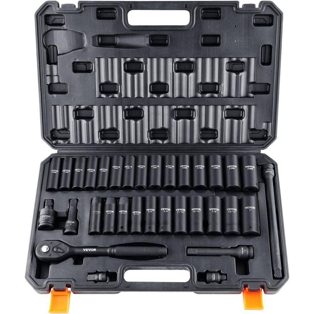 imageVEVOR 12quot Drive Impact Socket Set 65 Piece SAE 38quot to 114quot and Metric 1024mm 6 Point CrV Alloy Steel for Auto Repair EasytoRead Size Markings Rugged Construction Storage Case12 33PCS