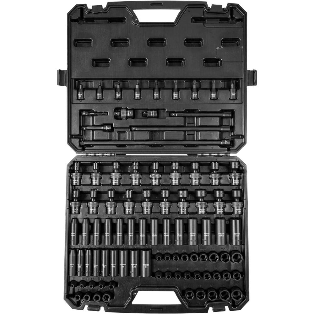 imageVEVOR 12quot Drive Impact Socket Set 65 Piece SAE 38quot to 114quot and Metric 1024mm 6 Point CrV Alloy Steel for Auto Repair EasytoRead Size Markings Rugged Construction Storage Case38 90PCS CRMO