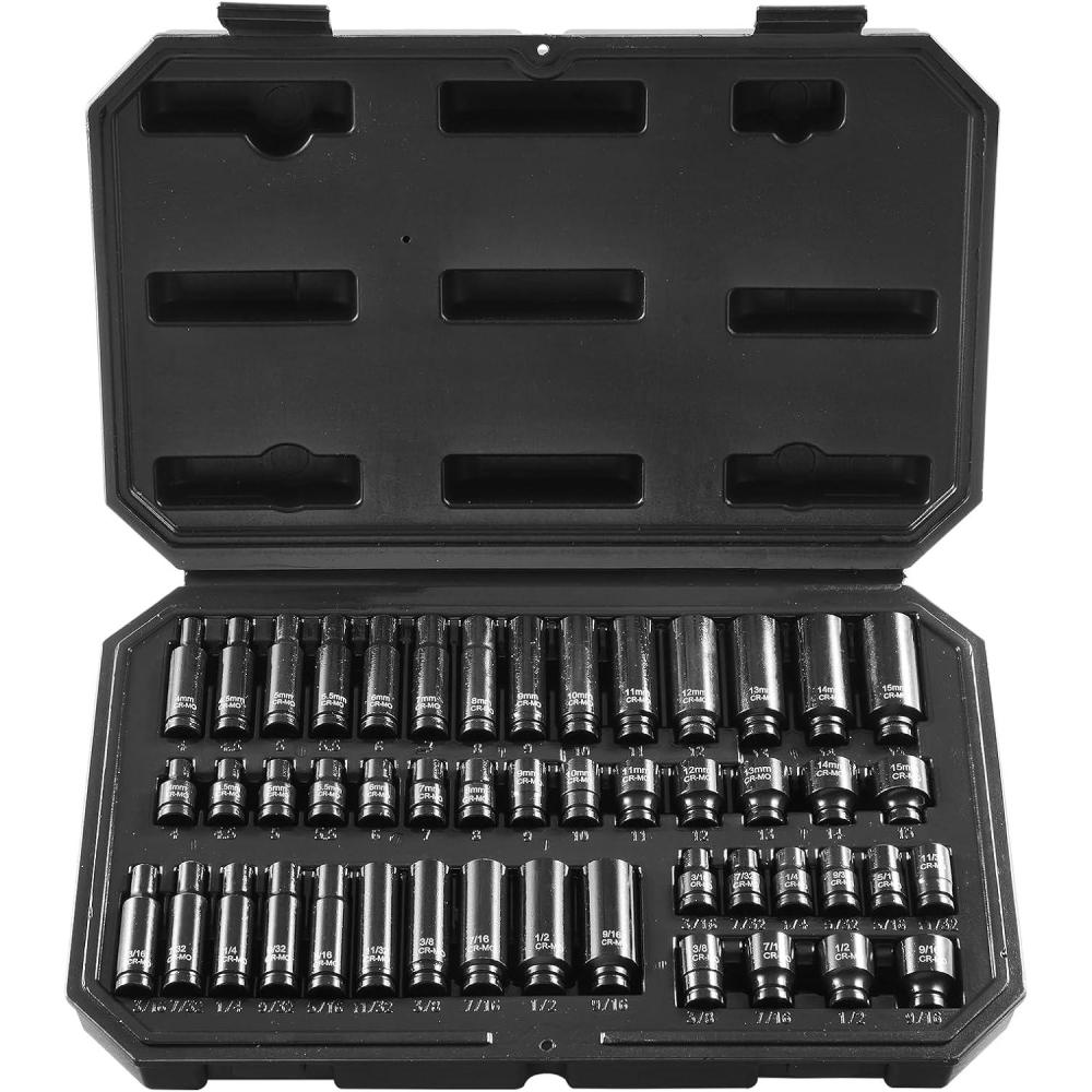 imageVEVOR 12quot Drive Impact Socket Set 65 Piece SAE 38quot to 114quot and Metric 1024mm 6 Point CrV Alloy Steel for Auto Repair EasytoRead Size Markings Rugged Construction Storage Case14 48PCS CRMO