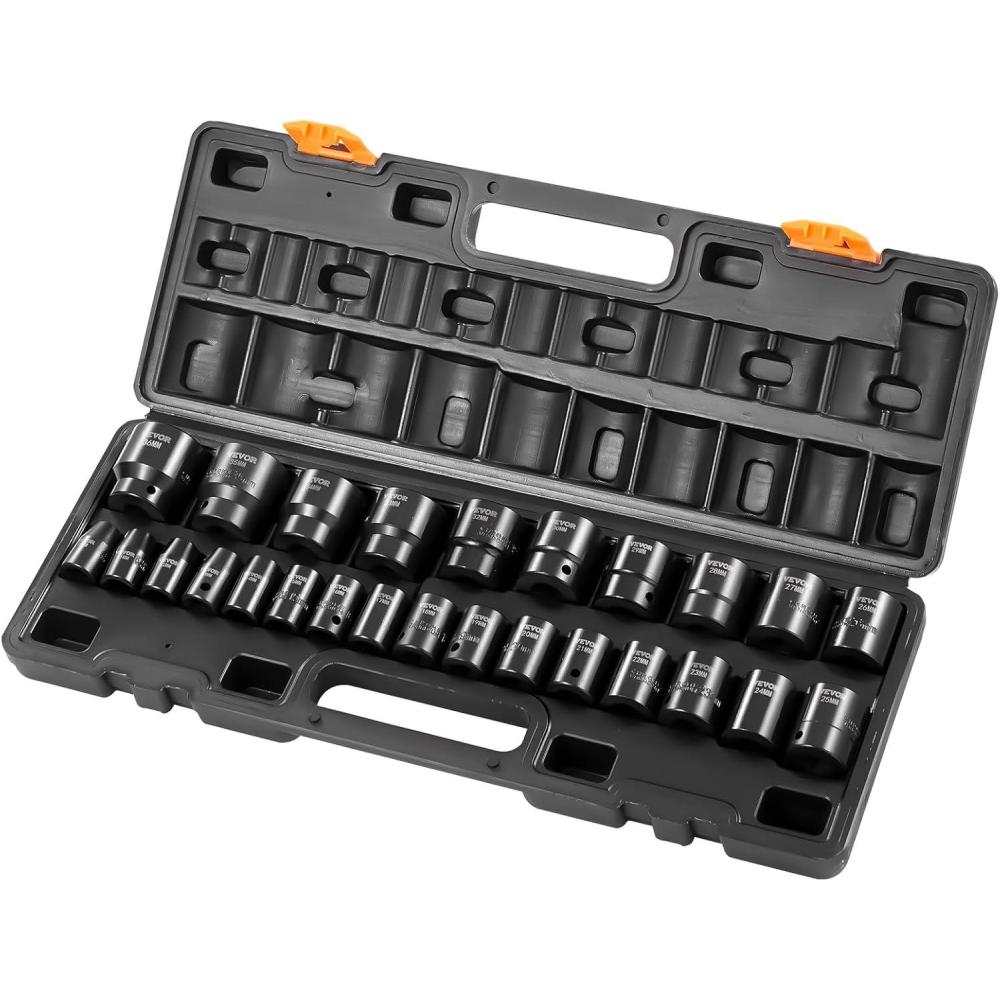 imageVEVOR 12quot Drive Impact Socket Set 65 Piece SAE 38quot to 114quot and Metric 1024mm 6 Point CrV Alloy Steel for Auto Repair EasytoRead Size Markings Rugged Construction Storage Case12 26PCS