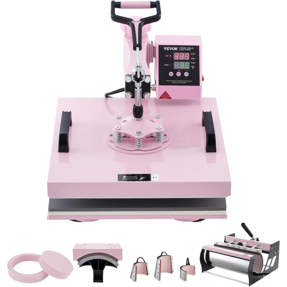 imageVEVOR 15x15 Heat Press Machine 8 in 1 Combo with 30 OZ Tumbler Press ampamp Hat Press Slide Out Heat Press Sublimation Machine for TShirts Hats Caps Tumblers Glass Cans Mugs and Plates Light Green8in115x1530OZPink