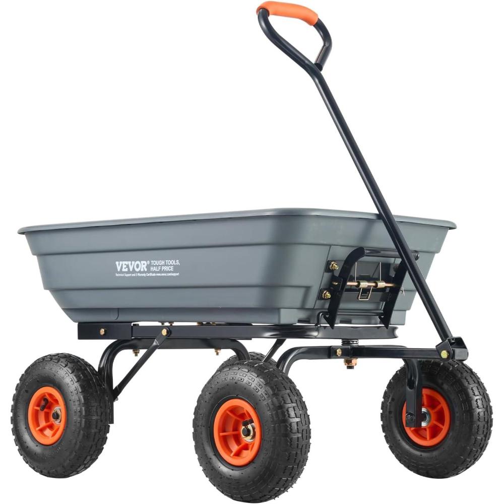 imageVEVOR 4 CuFt 600lbs Poly Garden Cart Dump Wagon Heavy Duty 4 Wheel Wheelbarrow Yard Cart Dump Wagon with 10in All Terrain Wheels Steel Frame and Quick Release SystemPoly600lbs