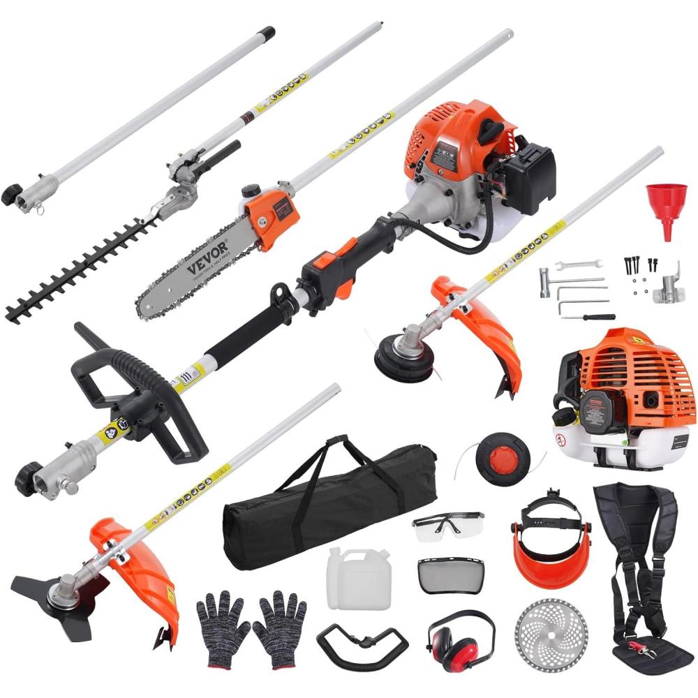 imageVEVOR 5in1 26cc 2 Cycle Gas Powered Dual Sided Hedge Trimmer Weed Eater String Trimmer Edger Pole Saw Chainsaw Pruner with EPA CE and EMC Certification33cc 5in1 Gas Hedge Trimmer  Weed Eater  String Trimmer  Brush Cutter  Edger  Pole Saw Chainsaw Pruner