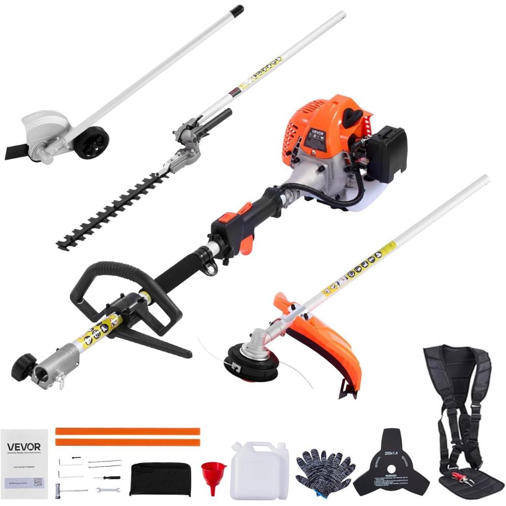 imageVEVOR 5in1 26cc 2 Cycle Gas Powered Dual Sided Hedge Trimmer Weed Eater String Trimmer Edger Pole Saw Chainsaw Pruner with EPA CE and EMC Certification26cc 4in1 Gas Hedge Trimmer  String Trimmer  Brush Cutter  Edger