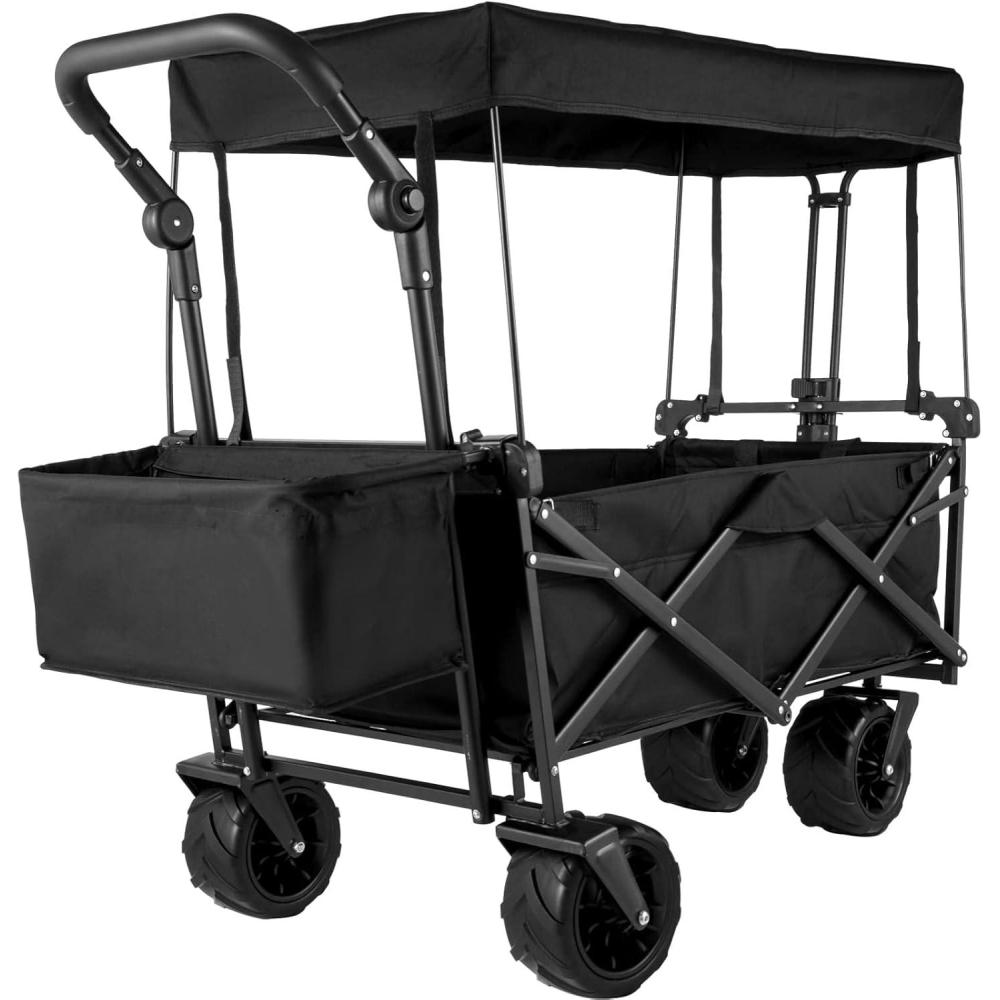 imageVEVOR Collapsible Wagon with Removable Canopy Heavy Duty Folding Beach Wagon with Big Wheels and Adjustable HandlesBlack