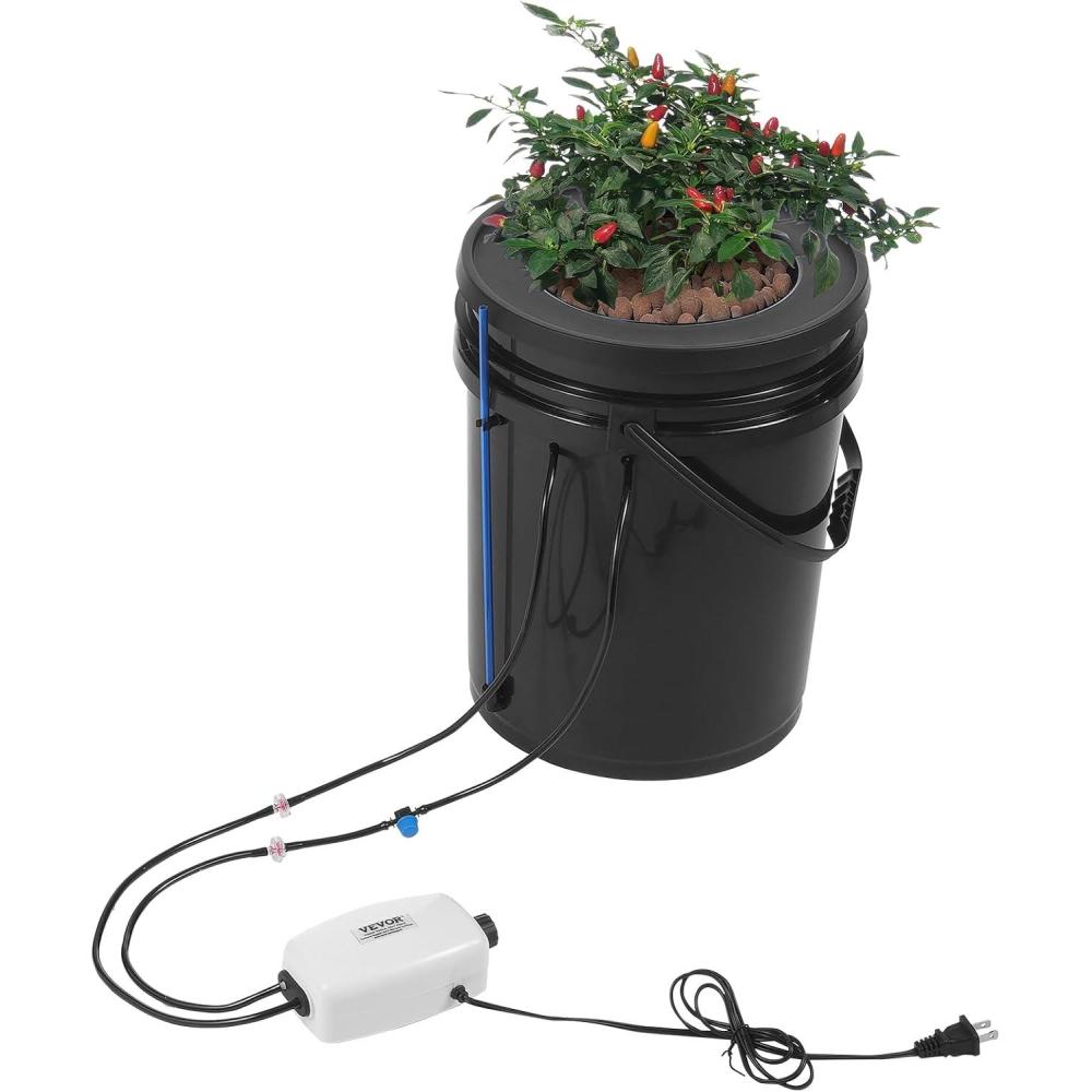 imageVEVOR DWC Hydroponic System 5 Gallon 8 Buckets Deep Water Culture Growing Bucket Hydroponics Grow Kit with Pump Air Stone and Water Level Device for IndoorOutdoor Leafy Vegetables1 BucketTop Drip Kit
