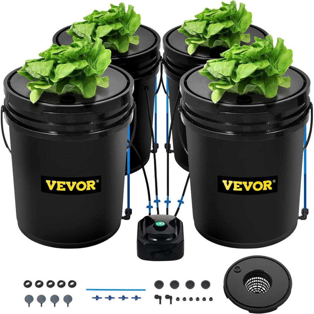 imageVEVOR DWC Hydroponic System 5 Gallon 8 Buckets Deep Water Culture Growing Bucket Hydroponics Grow Kit with Pump Air Stone and Water Level Device for IndoorOutdoor Leafy Vegetables4 Buckets