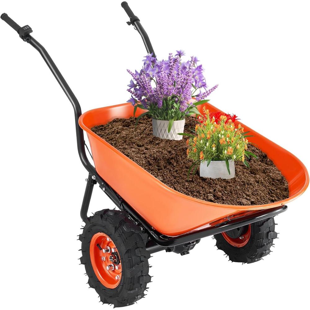 imageVEVOR Electric Wheelbarrow Cart 500W Powered Utility Garden Wagon Dump Cart 45 Cu Ft Load ampamp 573 lbs Capacity with Metal Handle ampamp 16quot Track Wheels Two Wheel Barrow Yard Cart ampamp Wagons for LawnElectric 45 Cu Ft Load  573 lbs