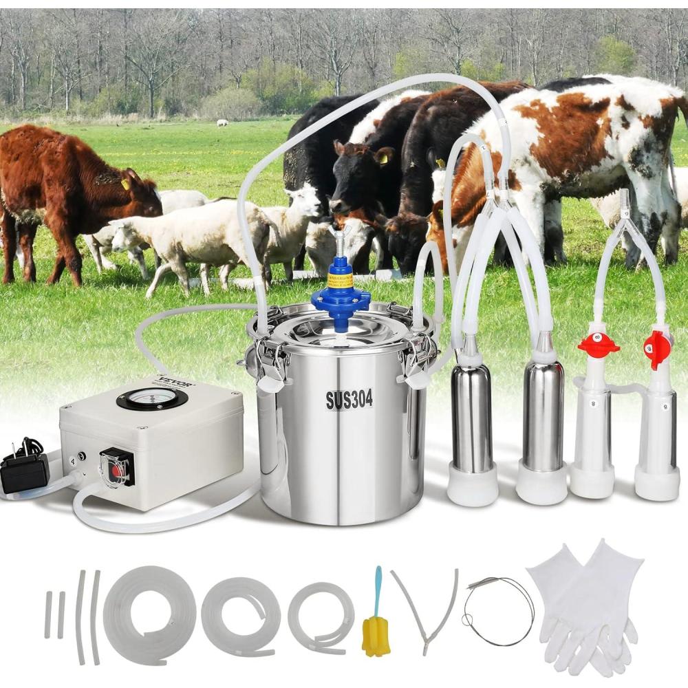 imageVEVOR Goat Milking Machine 12 L 304 Stainless Steel Bucket Electric Automatic Pulsation Vacuum Milker Portable Milker with FoodGrade Silicone Cups and Tubes Adjustable Suction for Cows and Sheep6 L