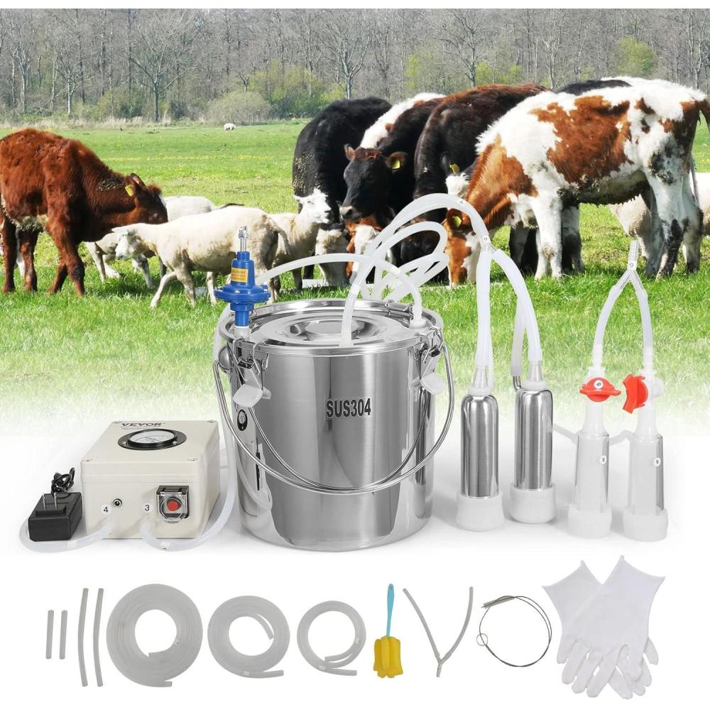 imageVEVOR Goat Milking Machine 12 L 304 Stainless Steel Bucket Electric Automatic Pulsation Vacuum Milker Portable Milker with FoodGrade Silicone Cups and Tubes Adjustable Suction for Cows and Sheep12 L