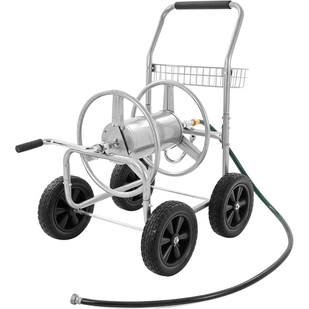 imageVEVOR Hose Reel Cart Hold Up to 300 ft of 58 Hose Garden Water Hose Carts Mobile Tools with 4 Wheels Heavy Duty PowderCoated Steel Outdoor Planting with Storage Basket for Garden Yard Lawn300 ft