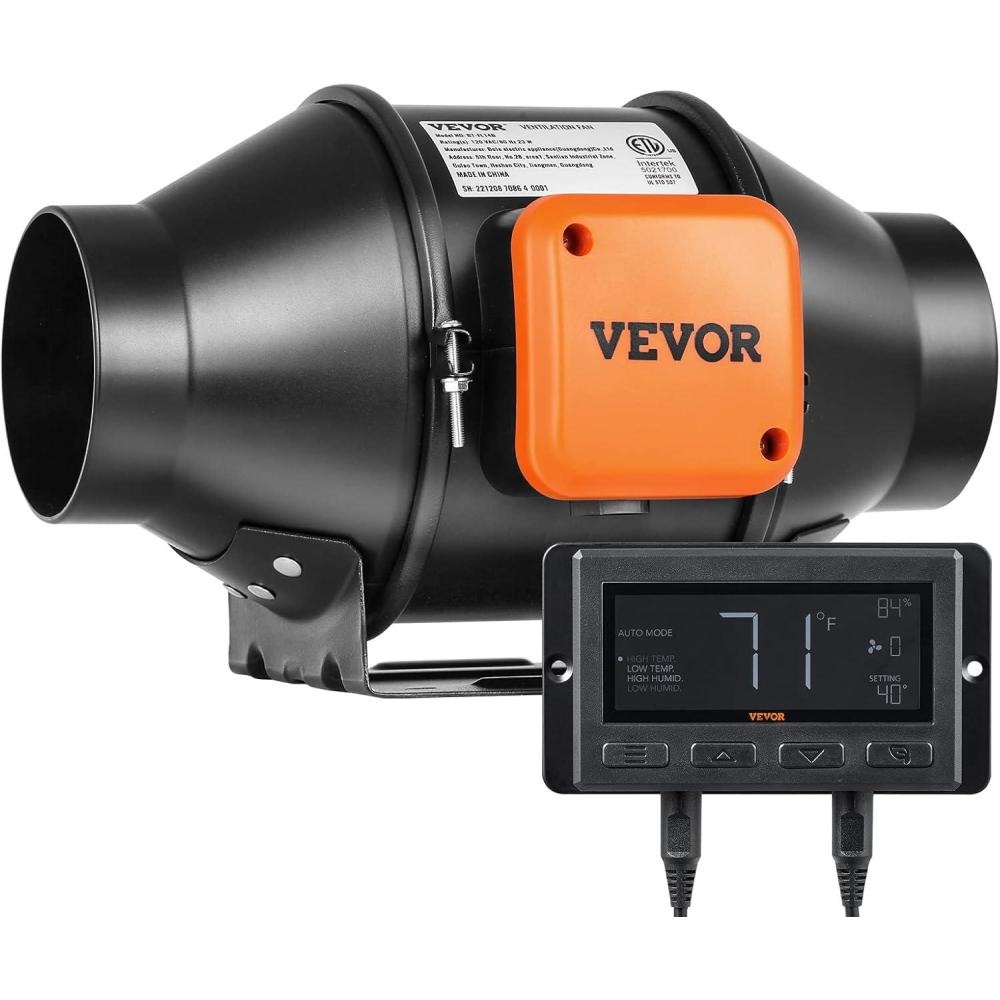 imageVEVOR Inline Duct Fan 6Inch 402 CFM with Temperature Humidity Controller Quiet ECMotor Ventilation Exhaust Fan for Cooling Booster Grow Tents Hydroponics4 Inch