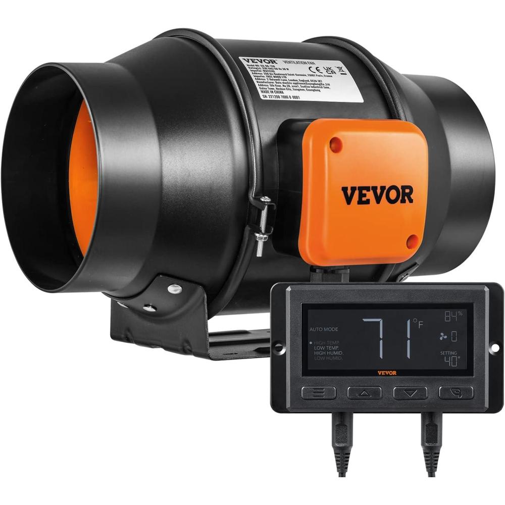 imageVEVOR Inline Duct Fan 6Inch 402 CFM with Temperature Humidity Controller Quiet ECMotor Ventilation Exhaust Fan for Cooling Booster Grow Tents Hydroponics6 Inch