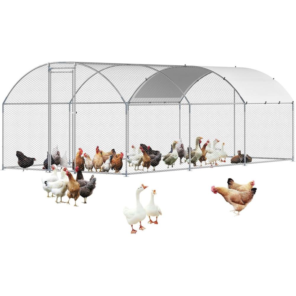 imageVEVOR Large Metal Chicken Coop with Run Walkin Chicken Coop for Yard with Waterproof Cover 65 x 98 x 65 ft Spire Roof Large Poultry Cage for Hen House Duck Coop and Rabbit RunDome Roof