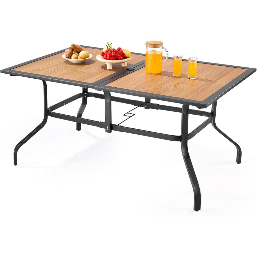 imageVEVOR Outdoor Patio Dining Table 59 inch Long Rectangular WoodLike Steel Slat Backyard Bistro Tables for 46 with 15 in Umbrella Hole AllWeather Large Furniture for Lawn Garden Porch Brown