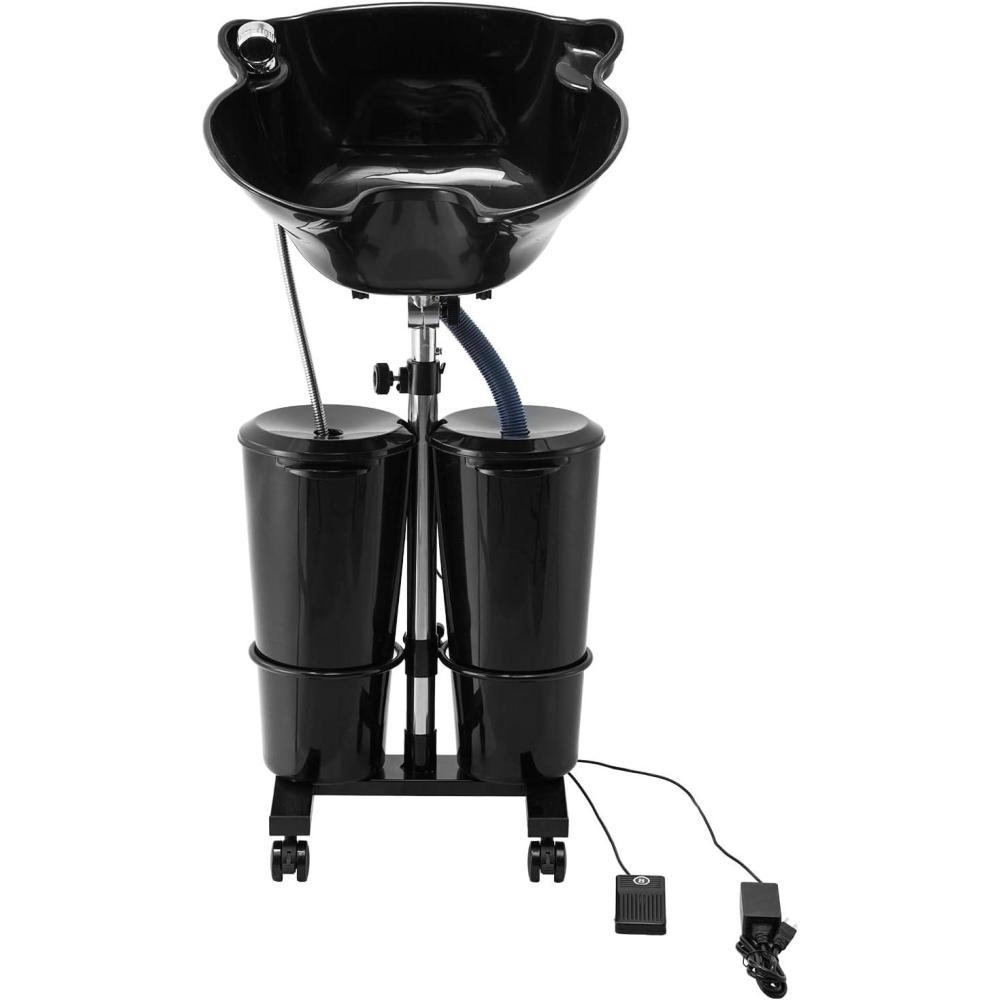 imageVEVOR Portable Shampoo Bowl Shampoo Sink for Washing Hair with Electric Pump Includes 2 Buckets 2 Showerheads Drain Hose Height and Angle Adjustable Portable Wash Bowl for Home Salon Use BlackHair sink wdouble bucket  foot switch