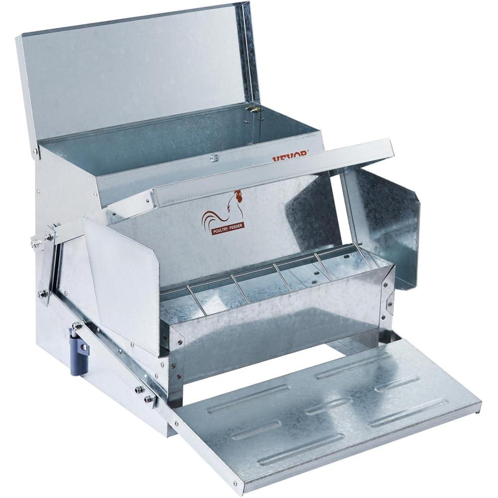 imageVEVOR Poultry Feeder 25lbs Capacity Feed Chicken Feeder with Lid ampamp Lock Outdoor Coop Food Dispenser No Waste Weatherproof Galvanized Metal Feeder for Ducks GeeseGalvanized