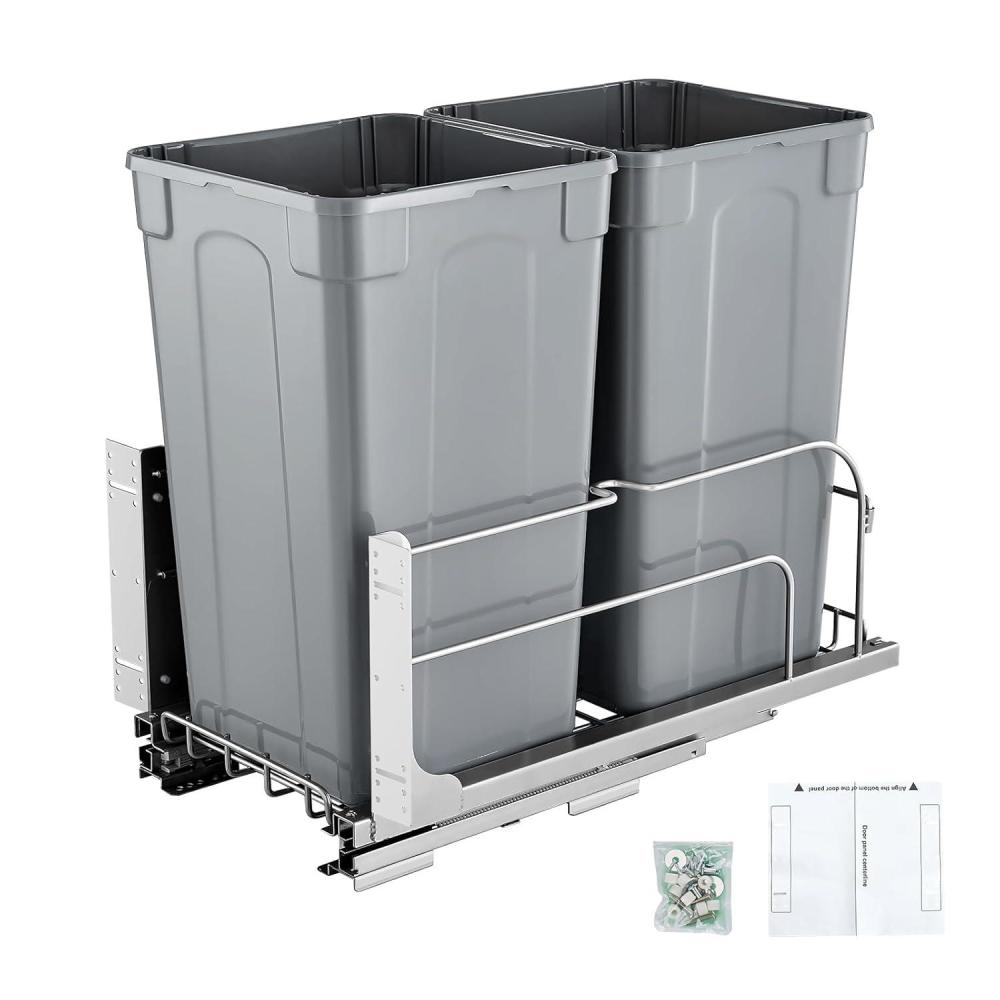 imageVEVOR PullOut Trash Can 27 QT x2 Double Under Mount Kitchen Waste Container Heavy Duty Garbage Recycling Bin with Door Kit and Soft Close Slide for Kitchen Cabinet Sink Under Counter Grey54QT