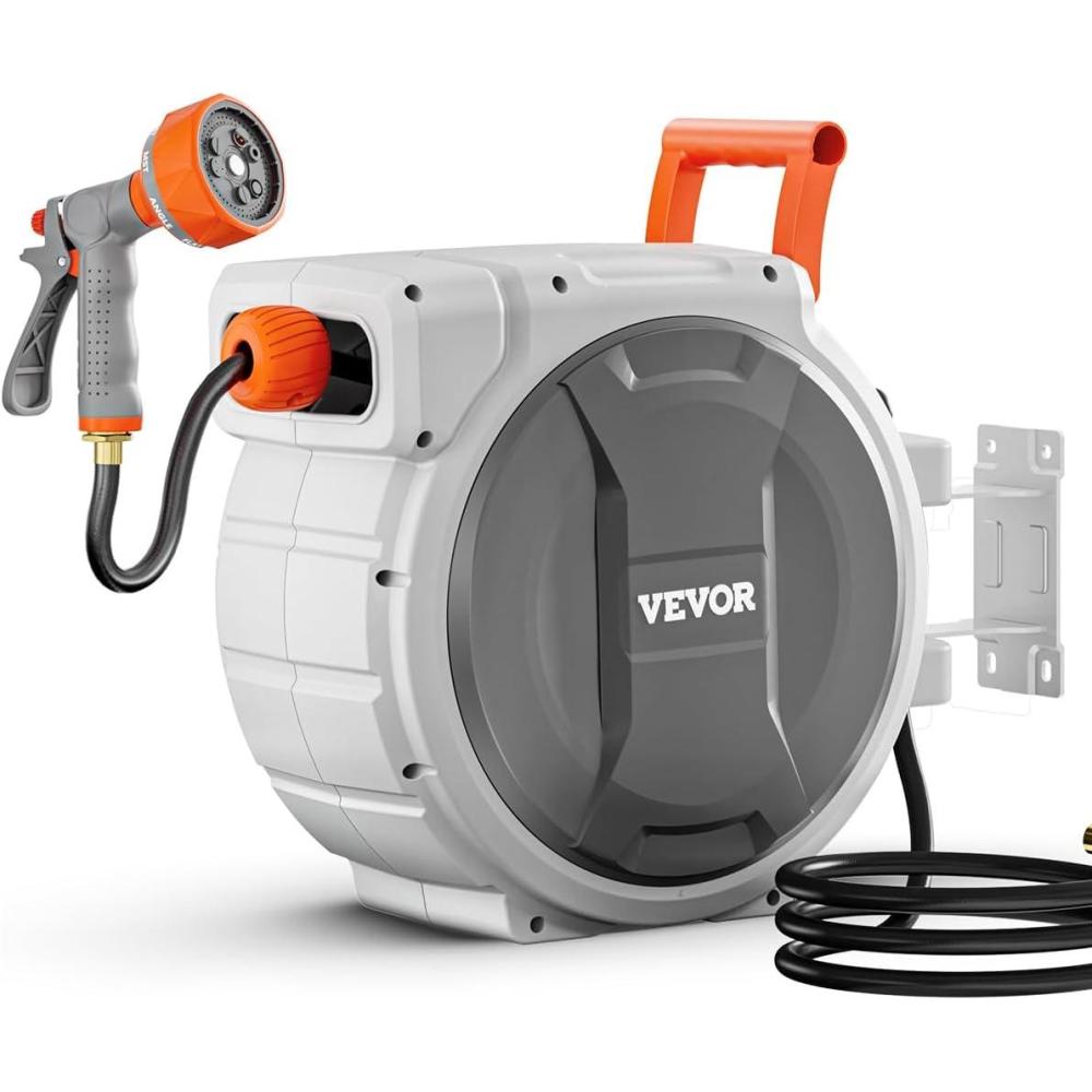imageVEVOR Retractable Garden Hose Reel 12 Inch x 65 ft Wall Mounted Heavy Duty Garden Hose Reel with 9 Patterns Nozzle Any Length Lock Upgraded Slow Return System and 180Swivel Bracket100ft
