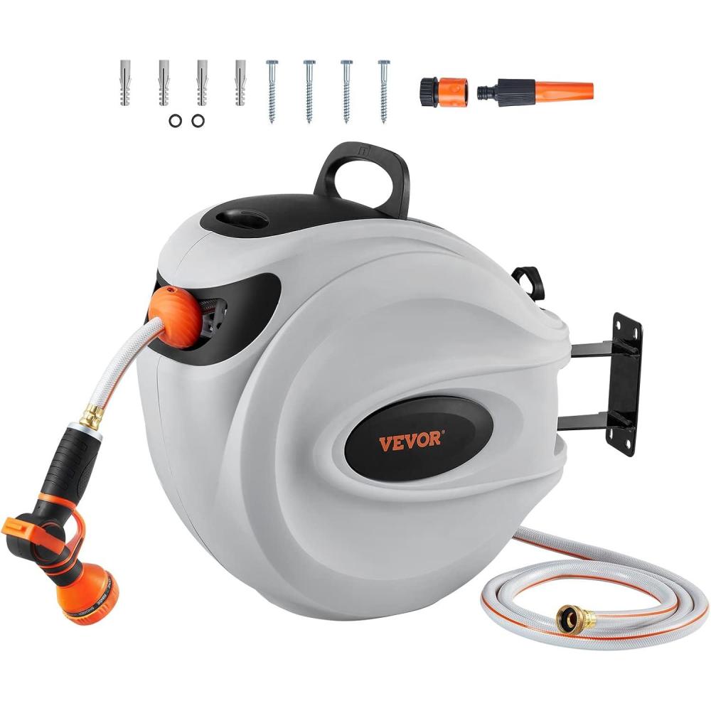 imageVEVOR Retractable Hose Reel 65 ft x 58 inch 180 Swivel Bracket WallMounted Garden Water Hose Reel with 9Pattern Nozzle Automatic Rewind Lock at Any Length and Slow Return System115 ft
