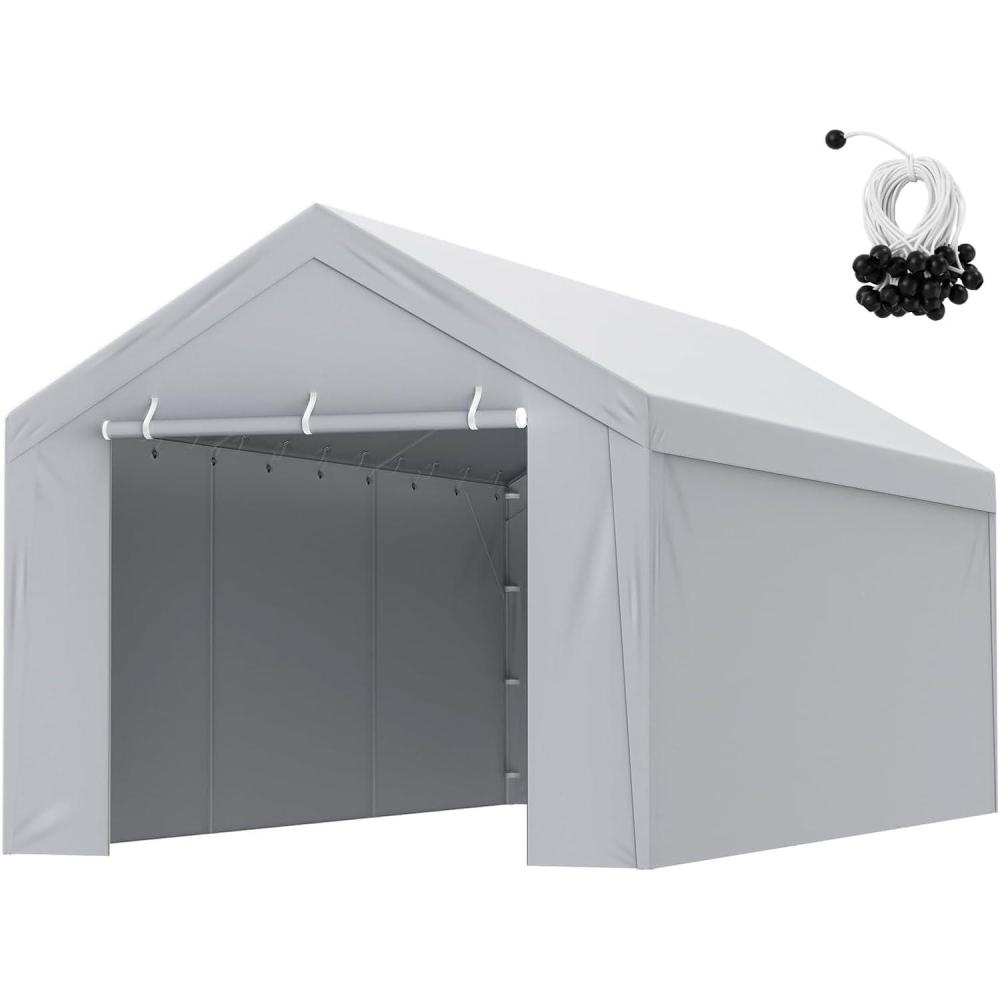 imageVEVOR Upgraded 10x20 FT Heavy Duty Carport Canopy with Rollup Windows AllSeason Portable Garage with Removable Sidewalls ampamp Doors 12 Stakes ampamp 12 Ropes Car Tent for Car Truck Boat EquipmentTop Cover Sidewall  Gray