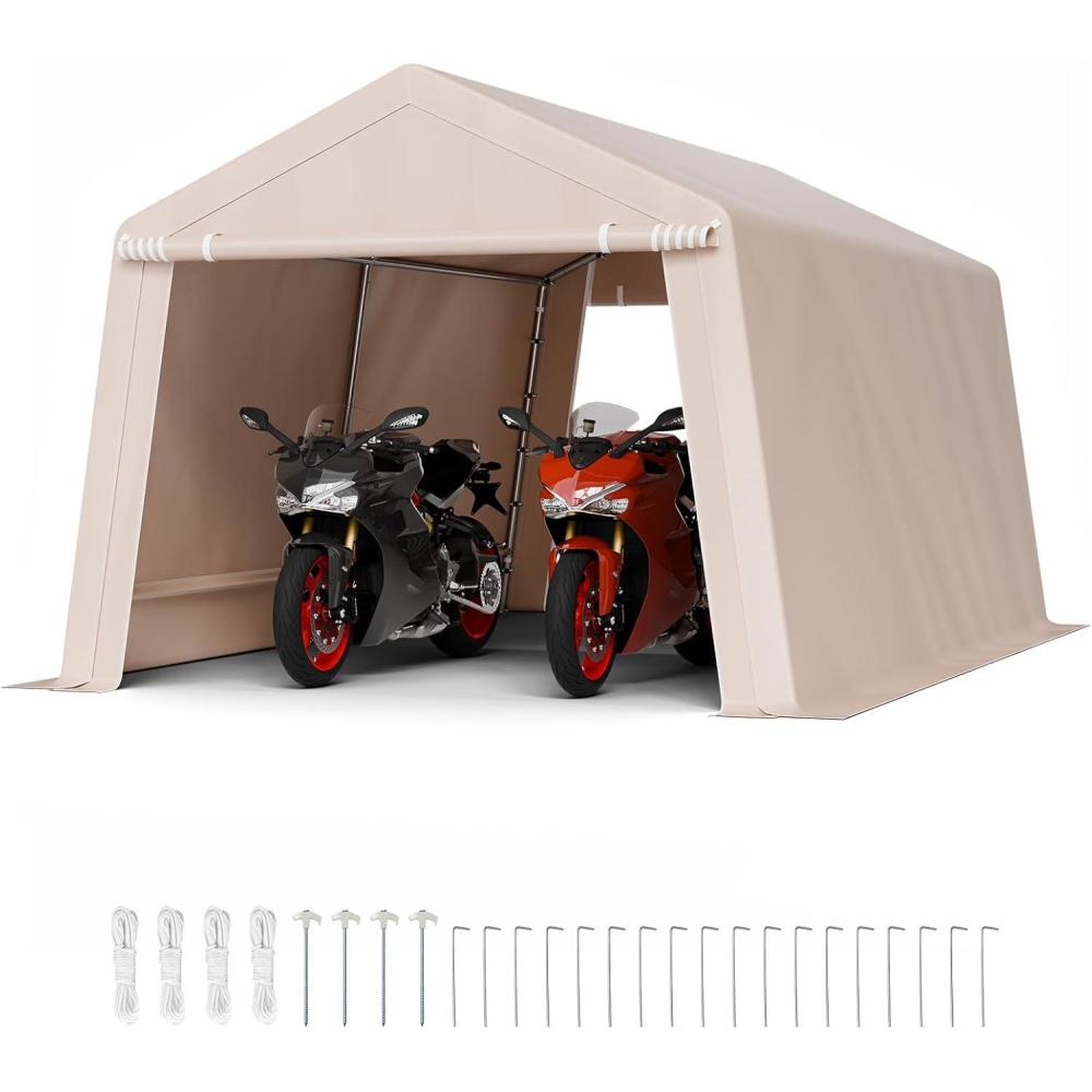 imageVEVOR Upgraded 10x20 FT Heavy Duty Carport Canopy with Rollup Windows AllSeason Portable Garage with Removable Sidewalls ampamp Doors 12 Stakes ampamp 12 Ropes Car Tent for Car Truck Boat EquipmentPE Carport with Sidewall  Beige