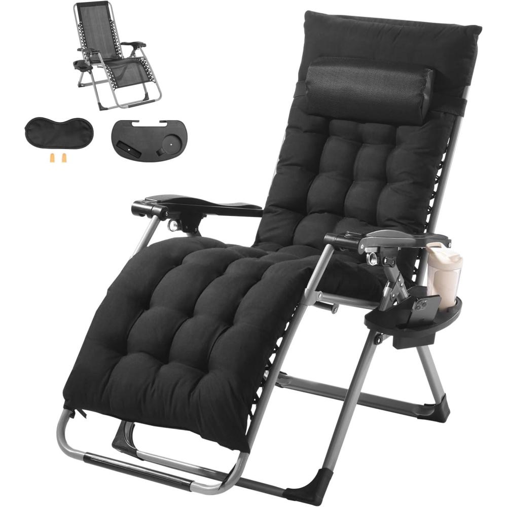 imageVEVOR Zero Gravity Chair 26 inch Zero Gravity Recliner Lounge Chair for Indoor and Outdoor Adjustable Anti Gravity Chair with Cushion Headrest Footrest and Cupholder 500 lbs BlackBlack