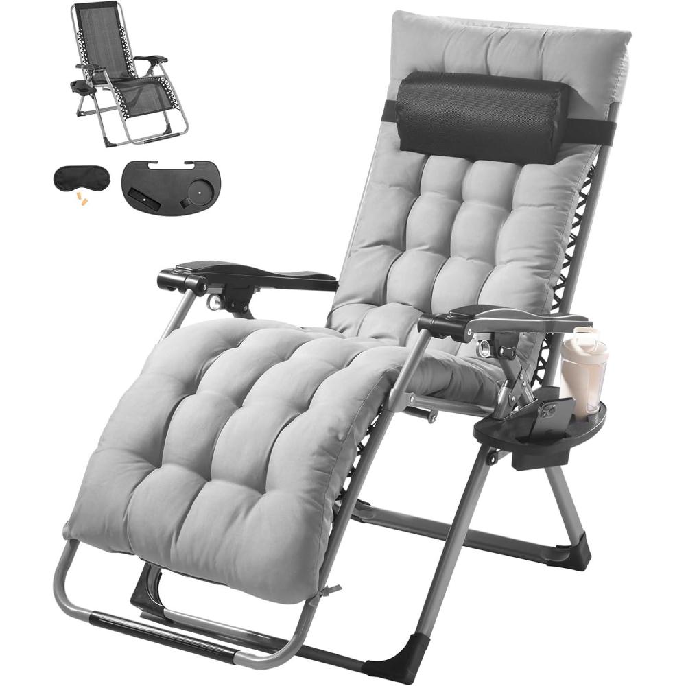 imageVEVOR Zero Gravity Chair 26 inch Zero Gravity Recliner Lounge Chair for Indoor and Outdoor Adjustable Anti Gravity Chair with Cushion Headrest Footrest and Cupholder 500 lbs BlackGrey
