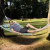 imageVEVOR Double Quilted Fabric Hammock 12 FT Double Hammock with Hardwood Spreader Bars Detachable Pillow and Chains for Camping Outdoor Patio Yard Beach 480 lbs CapacityGreen Stripe