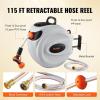 imageVEVOR Retractable Hose Reel 65 ft x 58 inch 180 Swivel Bracket WallMounted Garden Water Hose Reel with 9Pattern Nozzle Automatic Rewind Lock at Any Length and Slow Return System115 ft