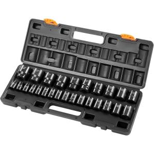 imageVEVOR 12quot Drive Impact Socket Set 65 Piece SAE 38quot to 114quot and Metric 1024mm 6 Point CrV Alloy Steel for Auto Repair EasytoRead Size Markings Rugged Construction Storage Case12 26PCS