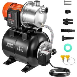 imageVEVOR 1HP Shallow Well Pump Portable 1380 GPH Garden Jet Pump with Automatic Controller 145 ft Head Stainless Steel Sprinkler Booster Pumps for Garden Lawn Irrigation System Water Transfer1 HP with Tank SS