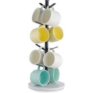 imageVEVOR 2 Tier Coffee Bar Organizer for Countertop Multifunctional Mug Holder and Coffee Station 12 Movable Hooks and 2 Shelves for Coffee Accessories Storage and Display Home Office Matte Black8 HooksTree