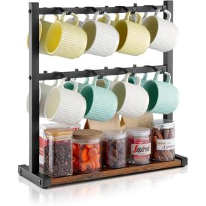 imageVEVOR 2 Tier Coffee Bar Organizer for Countertop Multifunctional Mug Holder and Coffee Station 12 Movable Hooks and 2 Shelves for Coffee Accessories Storage and Display Home Office Matte Black16 HooksWood Mug