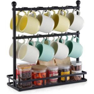imageVEVOR 2 Tier Coffee Bar Organizer for Countertop Multifunctional Mug Holder and Coffee Station 12 Movable Hooks and 2 Shelves for Coffee Accessories Storage and Display Home Office Matte Black16 HooksSteel Mug