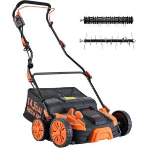imageVEVOR 2in1 Electric Dethatcher and Scarifier 16Inch 15 Amp Corded Lawn Dethatcher with 145Gallon Thatch Collection Bag 5Position Depth Adjustment Walk Behind Machine for Garden Yard Grass16 inch