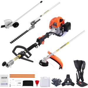 imageVEVOR 5in1 26cc 2 Cycle Gas Powered Dual Sided Hedge Trimmer Weed Eater String Trimmer Edger Pole Saw Chainsaw Pruner with EPA CE and EMC Certification26cc 4in1 Gas Hedge Trimmer  String Trimmer  Brush Cutter  Edger
