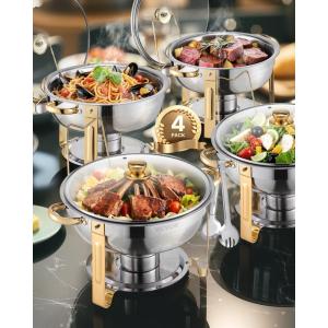 imageVEVOR Chafing Dish Buffet Set 5 Qt 4 Pack Stainless Steel Chafer with 4 Full Size Pan Round Catering Warmer Server with Glass Lid Water Pan Folding Stand Fuel Holder for Wedding Banquet GoldGold