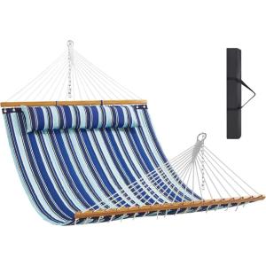 imageVEVOR Double Quilted Fabric Hammock 12 FT Double Hammock with Hardwood Spreader Bars Detachable Pillow and Chains for Camping Outdoor Patio Yard Beach 480 lbs CapacityBlue Stripe
