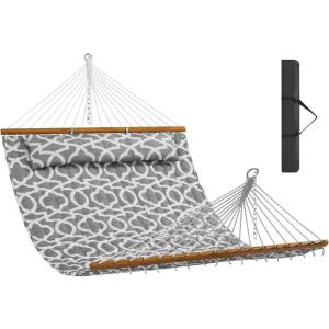 imageVEVOR Double Quilted Fabric Hammock 12 FT Double Hammock with Hardwood Spreader Bars Detachable Pillow and Chains for Camping Outdoor Patio Yard Beach 480 lbs CapacityGray Pattern