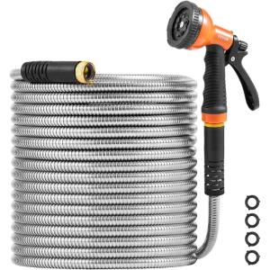 imageVEVOR Metal Garden Hose 200 ft Heavy Duty Stainless Steel Water Hose with 10Function Nozzle NoKink ampamp Flexible Outdoor Garden Hose RustProof Lightweight Hose for Yard RV Car Wash75 ft with 10 Function Spray Nozzle