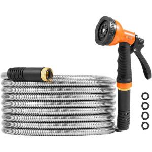 imageVEVOR Metal Garden Hose 200 ft Heavy Duty Stainless Steel Water Hose with 10Function Nozzle NoKink ampamp Flexible Outdoor Garden Hose RustProof Lightweight Hose for Yard RV Car Wash25 ft with 10 Function Spray Nozzle