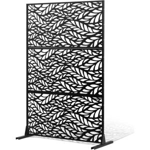 imageVEVOR Metal Privacy Screen 47quot W x 72quot H Outdoor Privacy Screens 5Panel Freestanding Outdoor Divider with Stand Decorative Garden Steel Privacy Fence for Balcony Patio Indoor Room BlackBlack Leaf