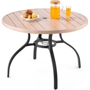 imageVEVOR Outdoor Patio Dining Table 41 inch Round WoodLike Steel Slat Backyard Bistro Coffee Tables for 4 with 15 in Umbrella Hole Outside AllWeather Large Furniture for Lawn Garden Porch41 inch