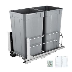 imageVEVOR PullOut Trash Can 27 QT x2 Double Under Mount Kitchen Waste Container Heavy Duty Garbage Recycling Bin with Door Kit and Soft Close Slide for Kitchen Cabinet Sink Under Counter Grey54QT