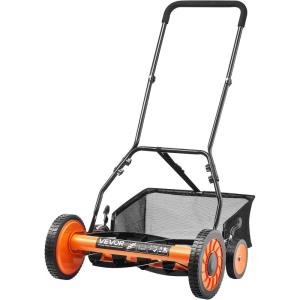 imageVEVOR Push Reel Lawn Mower 14 inch 5 Blades Manual Push Mower No Motor 06175 in Adjustable Cutting Height WalkBehind Lawn Mowers with Grass Catcher Bag for Green Lawns Driveways Courtyards18 inch