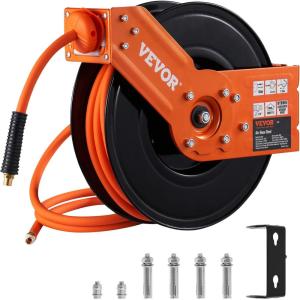 imageVEVOR Retractable Air Hose Reel 38 IN x 50 FT Hybrid Air Hose Max 300PSI Air Compressor Hose Reel with 5 ft Lead in CeilingWall Mount Heavy Duty Single Arm Steel ReelOpen Reel