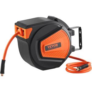 imageVEVOR Retractable Air Hose Reel 38 IN x 50 FT Hybrid Air Hose Max 300PSI Air Compressor Hose Reel with 5 ft Lead in CeilingWall Mount Heavy Duty Single Arm Steel ReelEnclosed Reel